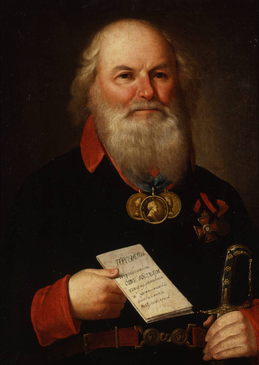 Неизвестный художник. Портрет неизвестного купца в мундире с саблей и жалованными медалями. 1810-е гг. Холст, масло