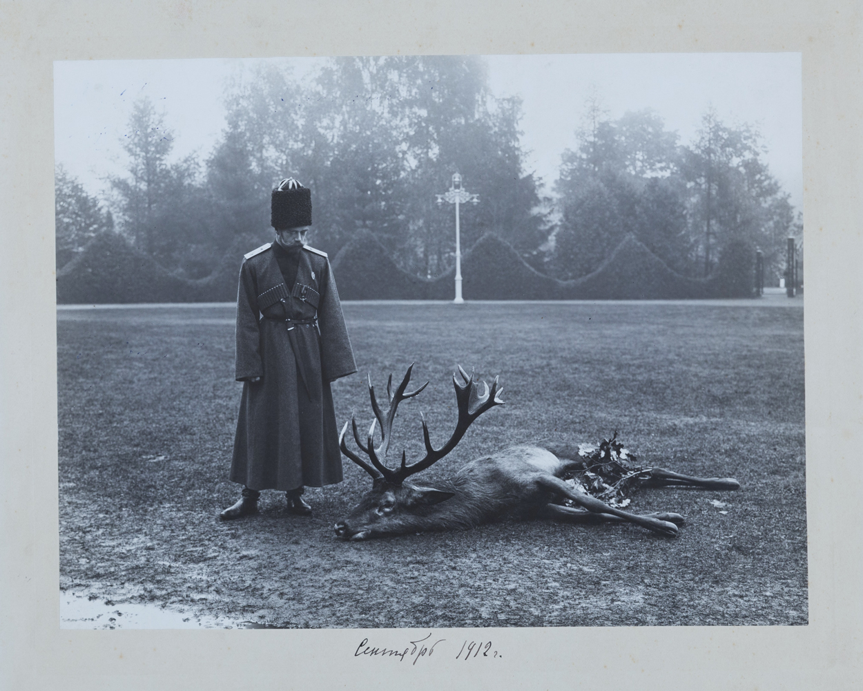 Ателье «К.Е. фон Ган и Кº» (работало в 1891–1916 гг.). Император Николай II около убитого оленя. Царское Село. 1912 г. Желатино-серебряный отпечаток